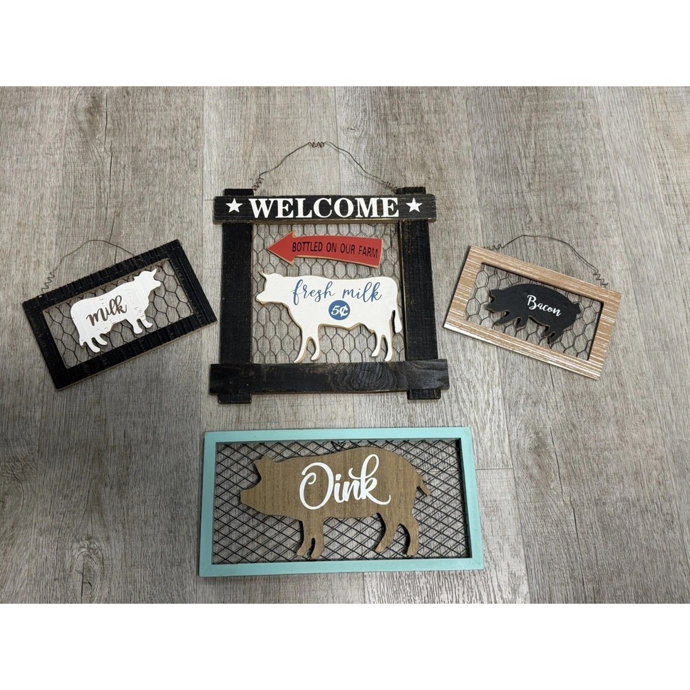 Farmhouse Hanging Wood Signs Wire Pig & Cow Rustic Distressed Decor Set Of 4 - Picture 5 of 7